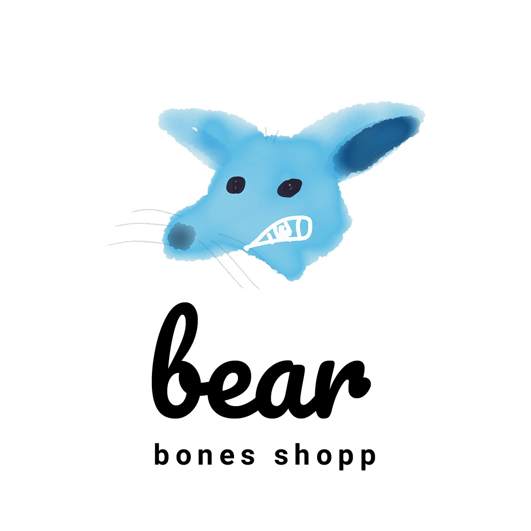 Bear Bones Shopp logo — a blue watercolor creature with the words bear bones shopp